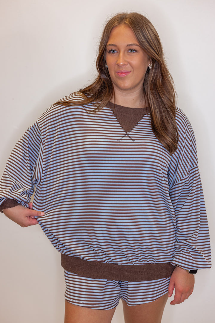 Womens light blue and brown striped knit top with contrasting terry knit trim by BucketList showing tops relaxed fit