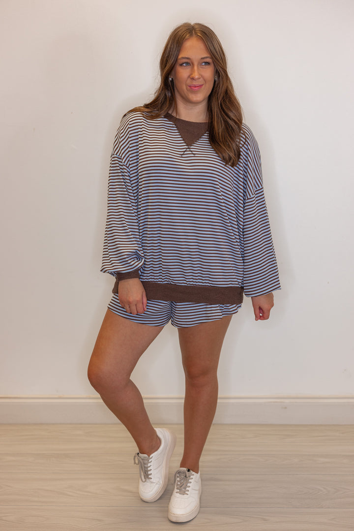 Womens light blue and brown striped knit top with contrasting terry knit trim by BucketList showing full front view