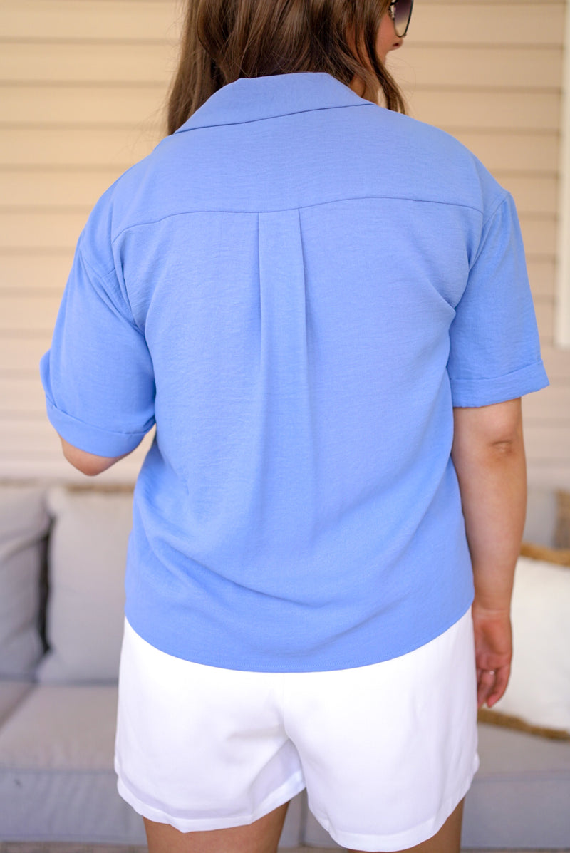 classic style blue button down top