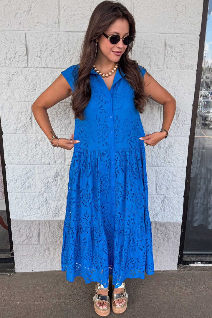 solid royal blue eyelet embroidered button front relaxed silhouette midi dress