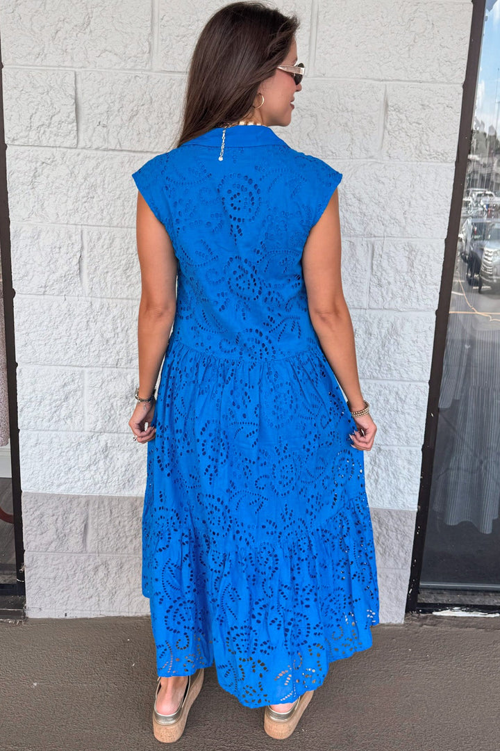 solid royal blue eyelet lace embroidered button front midi dress back view