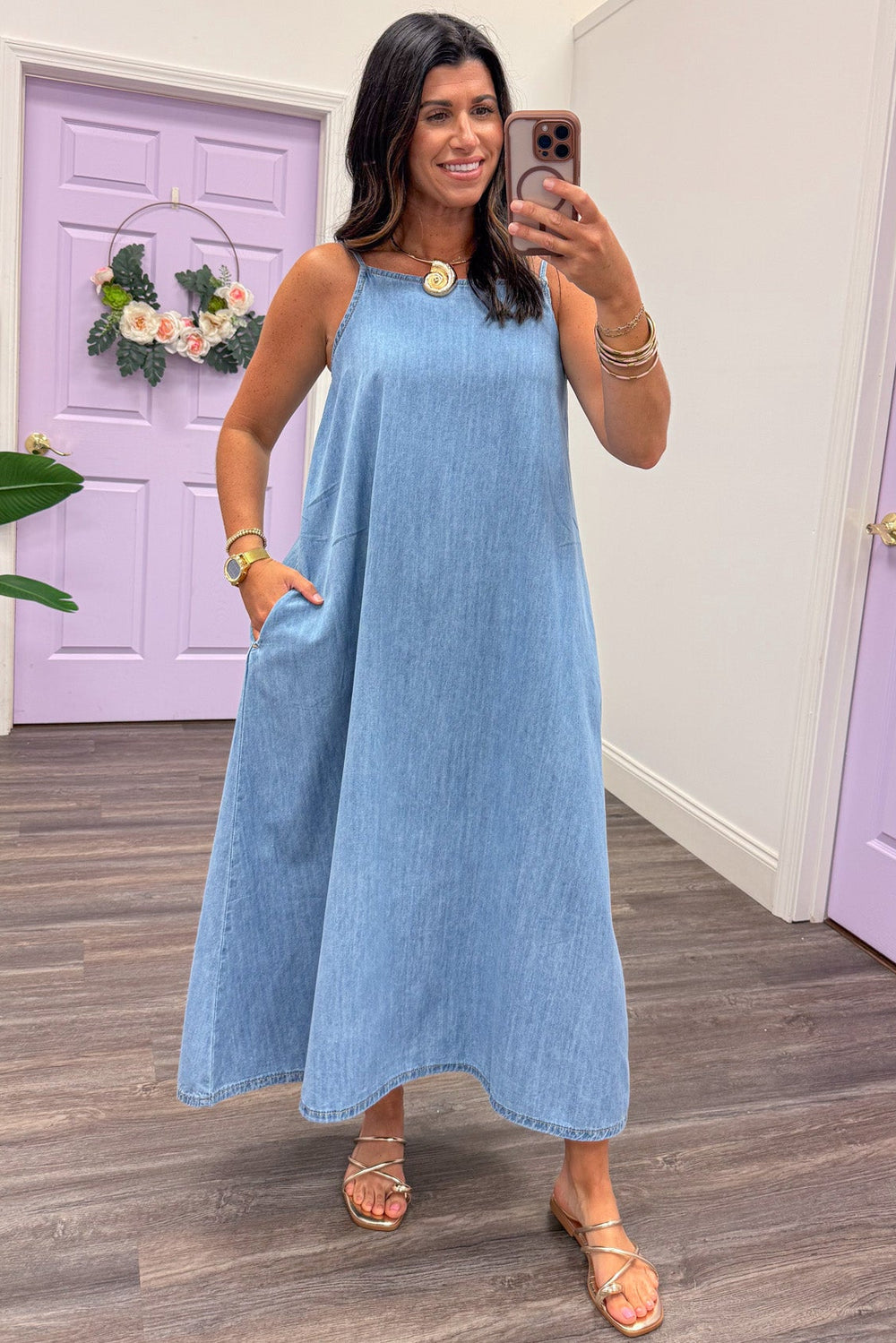blue chambray denim sleeveless spaghetti strap maxi dress with side pockets