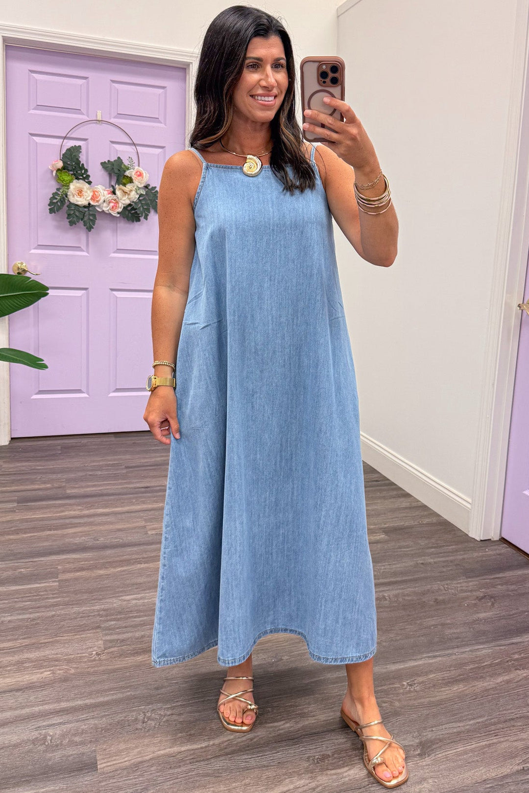 blue chambray denim sleeveless adjustable spaghetti strap maxi dress