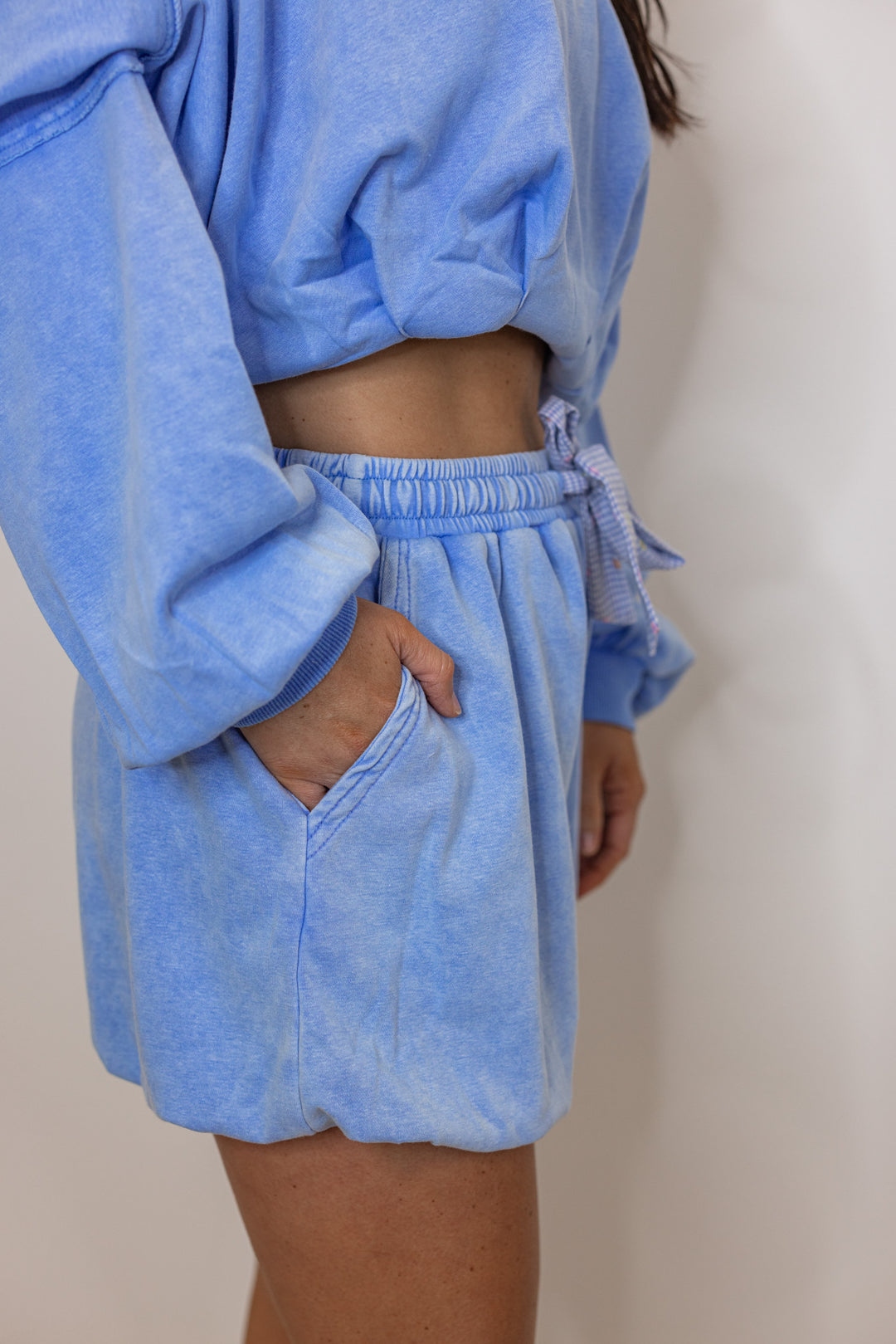 cotton french terry blue bubble hem lounge shorts