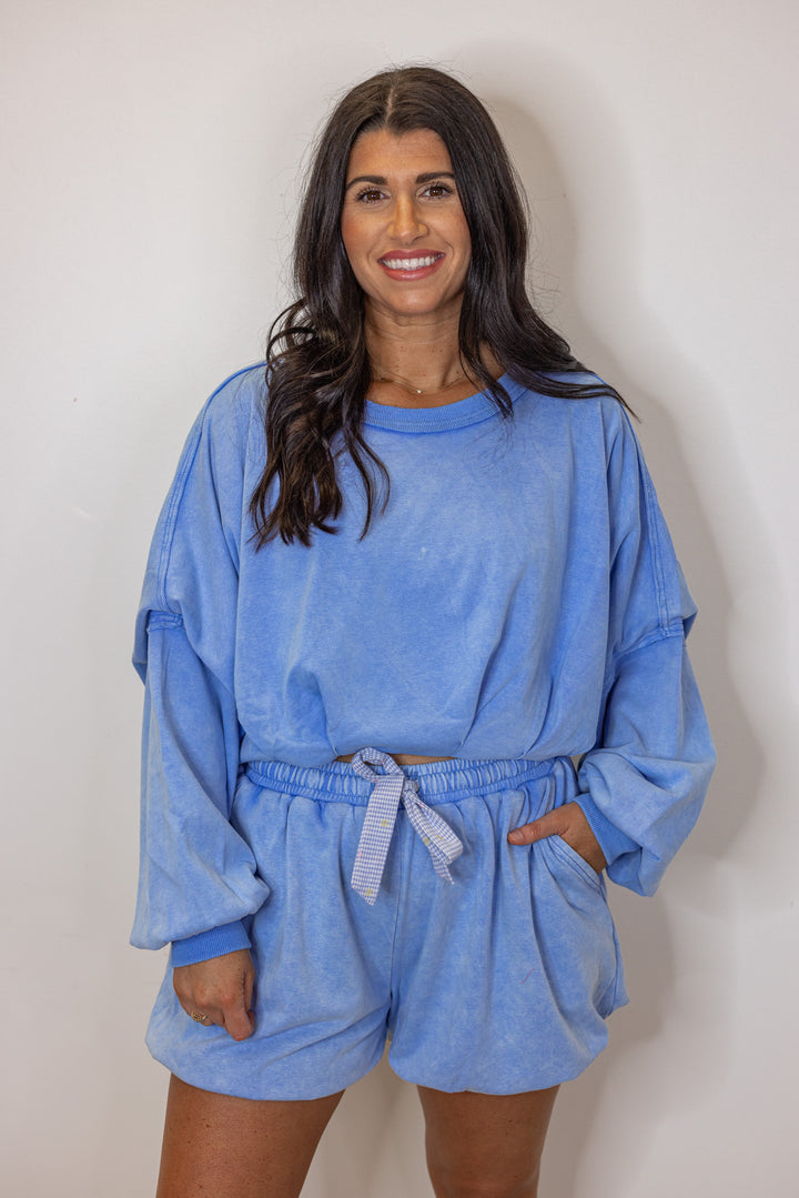 cotton french terry blue bubble hem lounge shorts