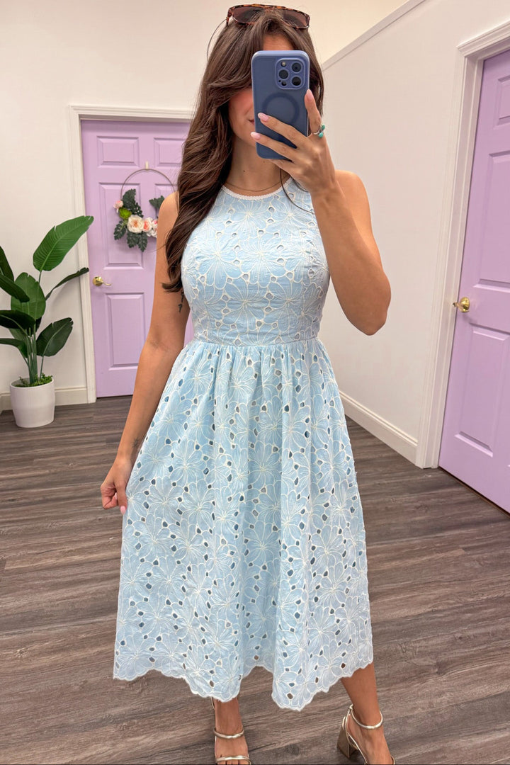 blue with embroidered white flowers scalloped hem crewneck midi dress