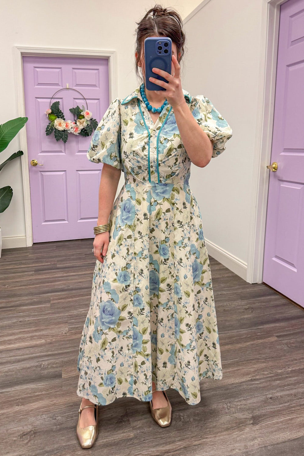 blue and cream floral print puff sleeve collared v neck midi dress