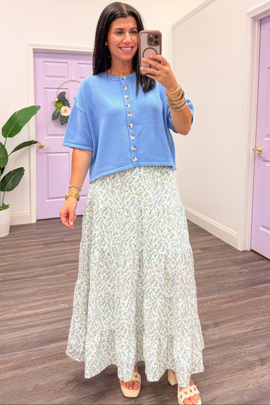 light blue and cream small floral print tiered maxi skirt