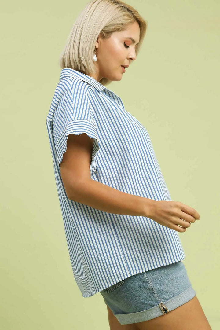 Women's Umgee blue and cream striped button down top in plus size showing scalloped sleeve detail