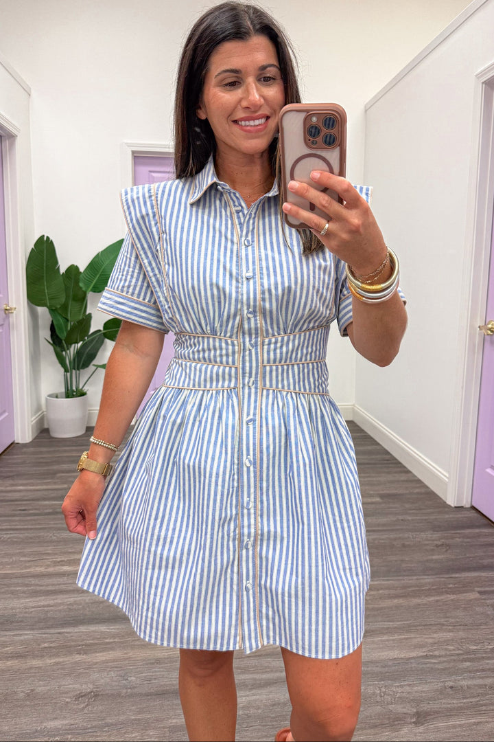 blue and cream striped with taupe piping details short sleeve button front short dress
