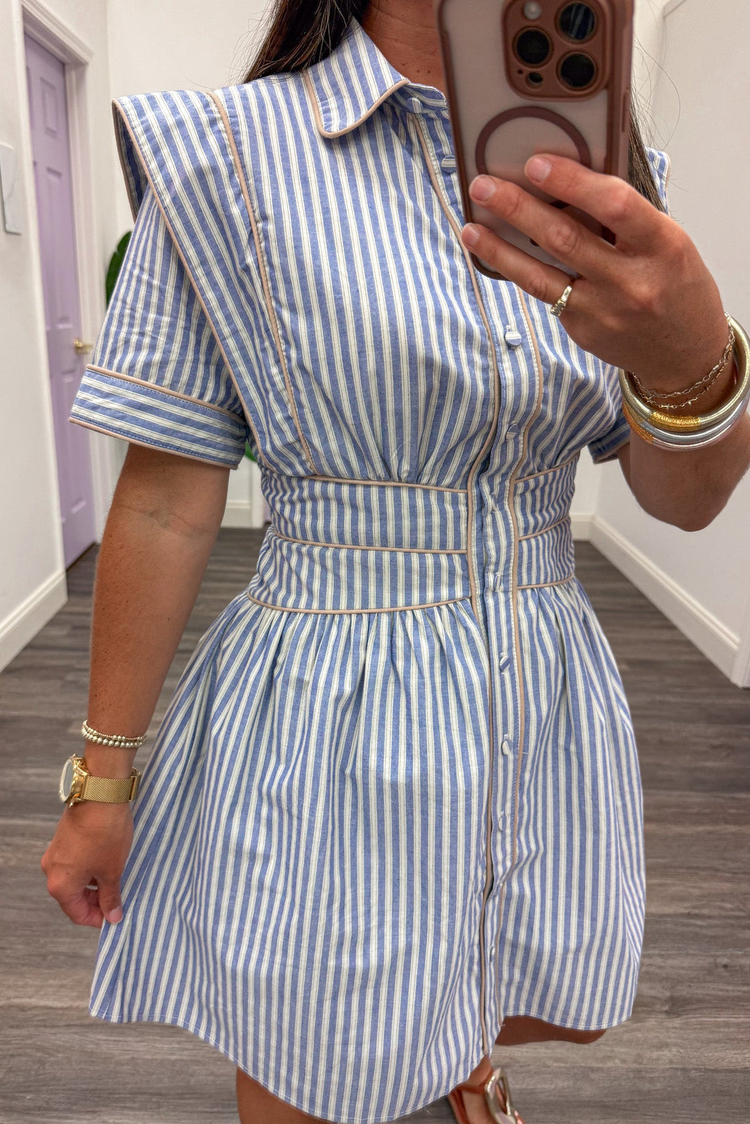 blue and cream striped with taupe piping details button front collared neckline short dress