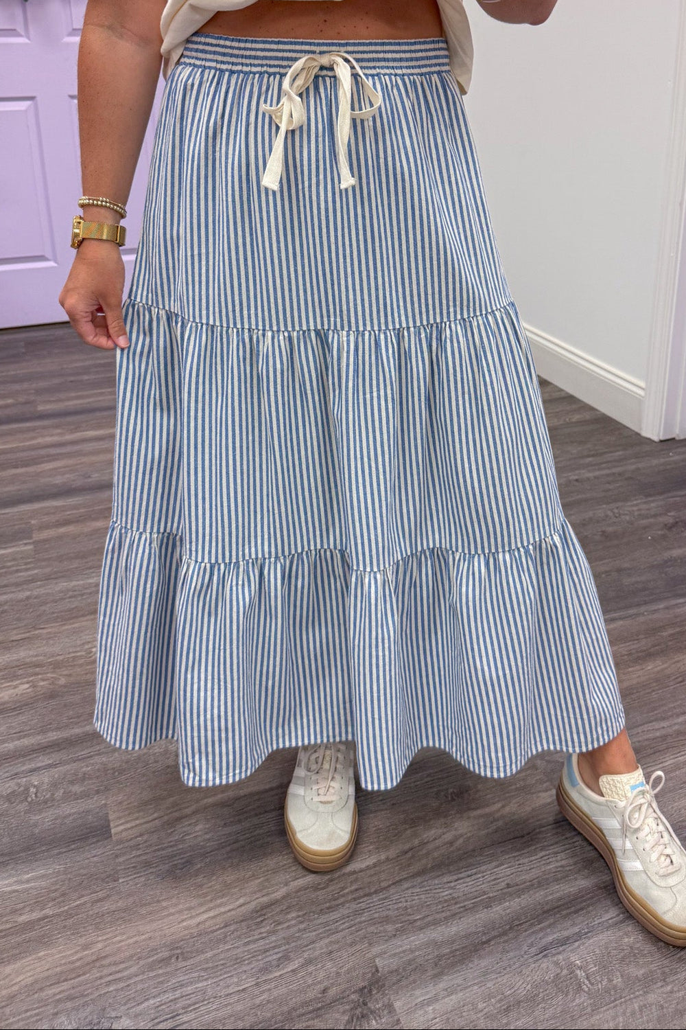 light blue and cream vertical striped tiered flowy cotton midi skirt