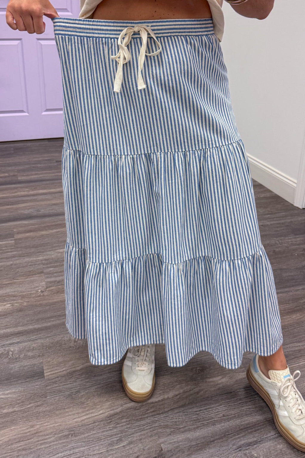 light blue and cream vertical striped elastic waistband drawstring midi skirt