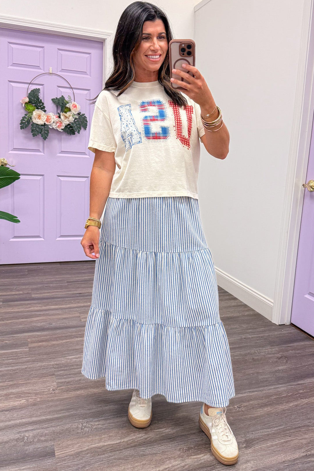 light blue and cream vertical striped cotton midi skirt