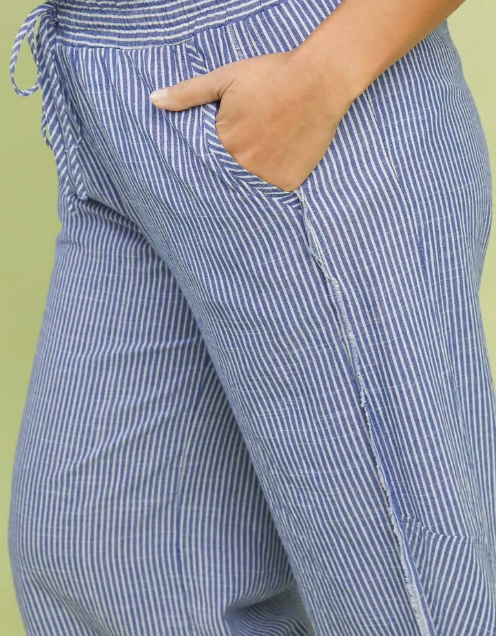 Umgee plus size blue and cream striped wide leg pants with frayed seam details in lightweight linen fabric