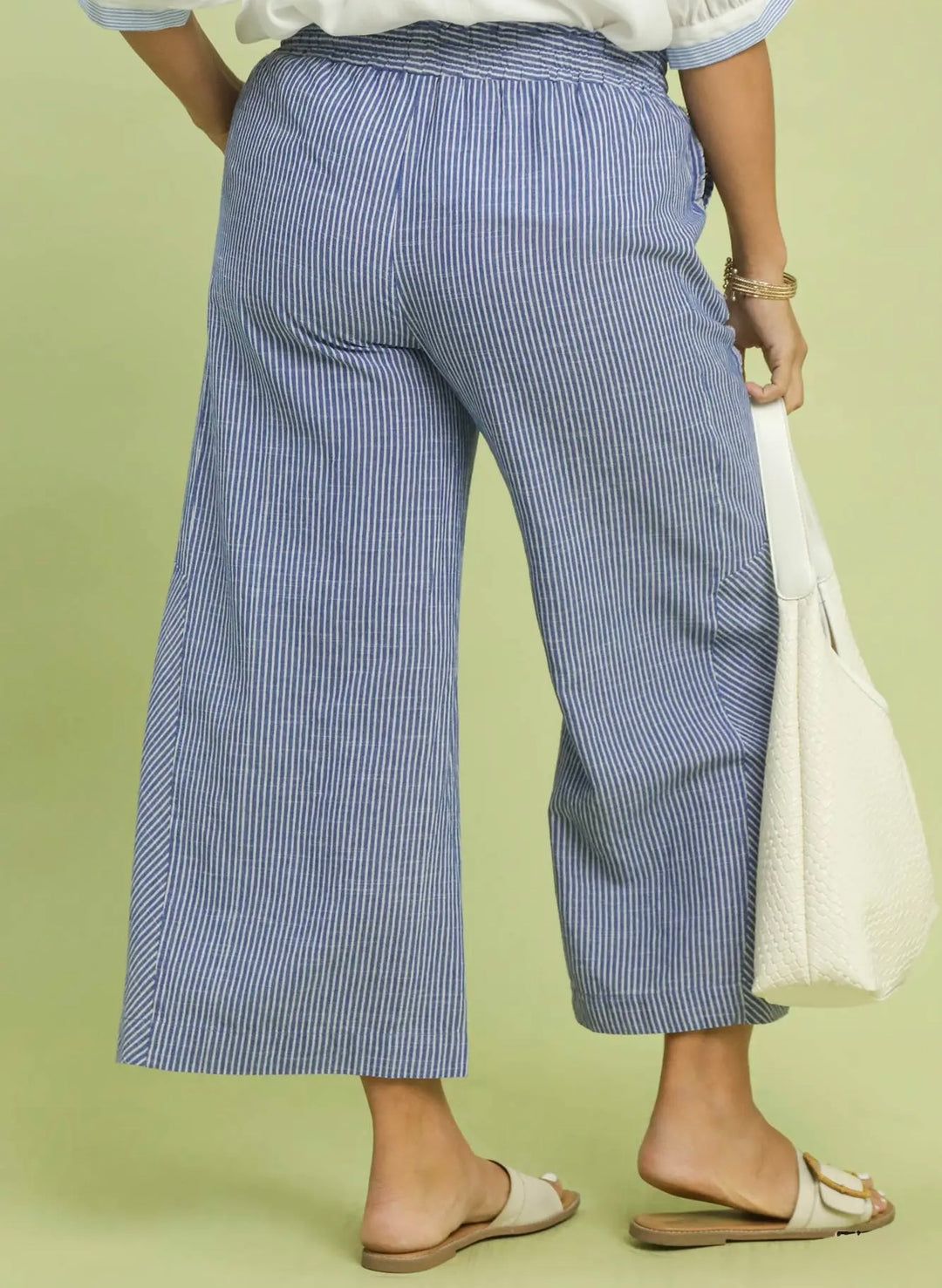Umgee plus size blue and cream striped wide leg linen pants with frayed seam details and elastic waistband
