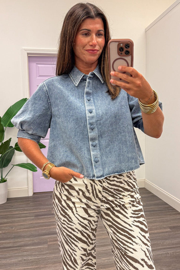 blue denim collared button front short puff sleeve semi-cropped top