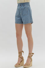 Entro Blue high rise denim shorts with ruffle trimmed waistband