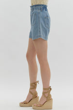 Entro Blue high rise denim shorts with ruffle trimmed waistband