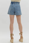 Entro Blue high rise denim shorts with ruffle trimmed waistband
