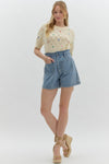 Entro Blue high rise denim shorts with ruffle trimmed waistband