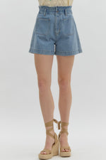 Entro Blue high rise denim shorts with ruffle trimmed waistband