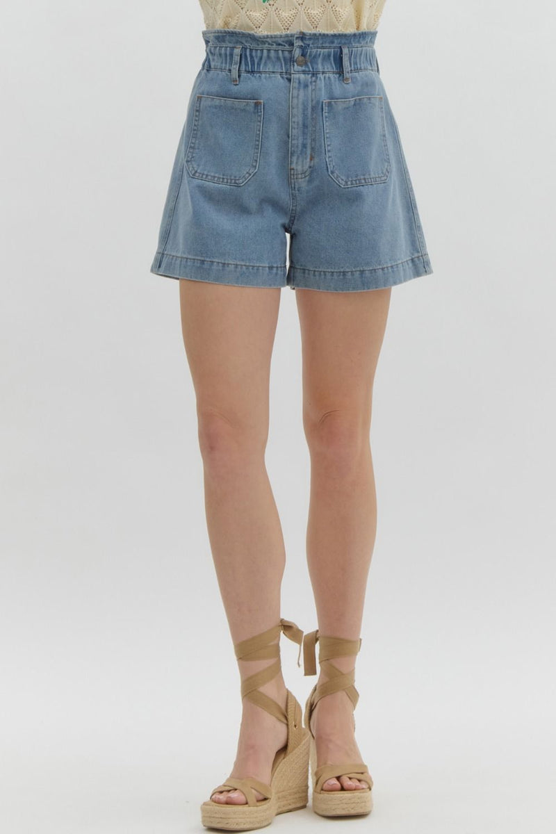 Entro Blue high rise denim shorts with ruffle trimmed waistband
