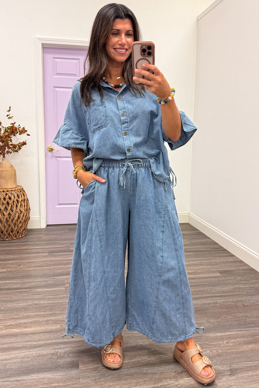 washed blue denim wide leg drawstring ankle jogger pants