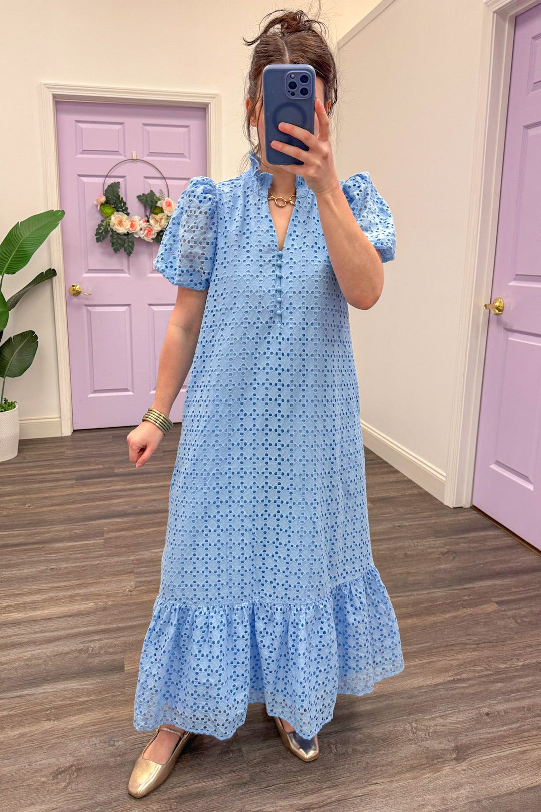 Baby blue embroidered eyelet detail maxi dress