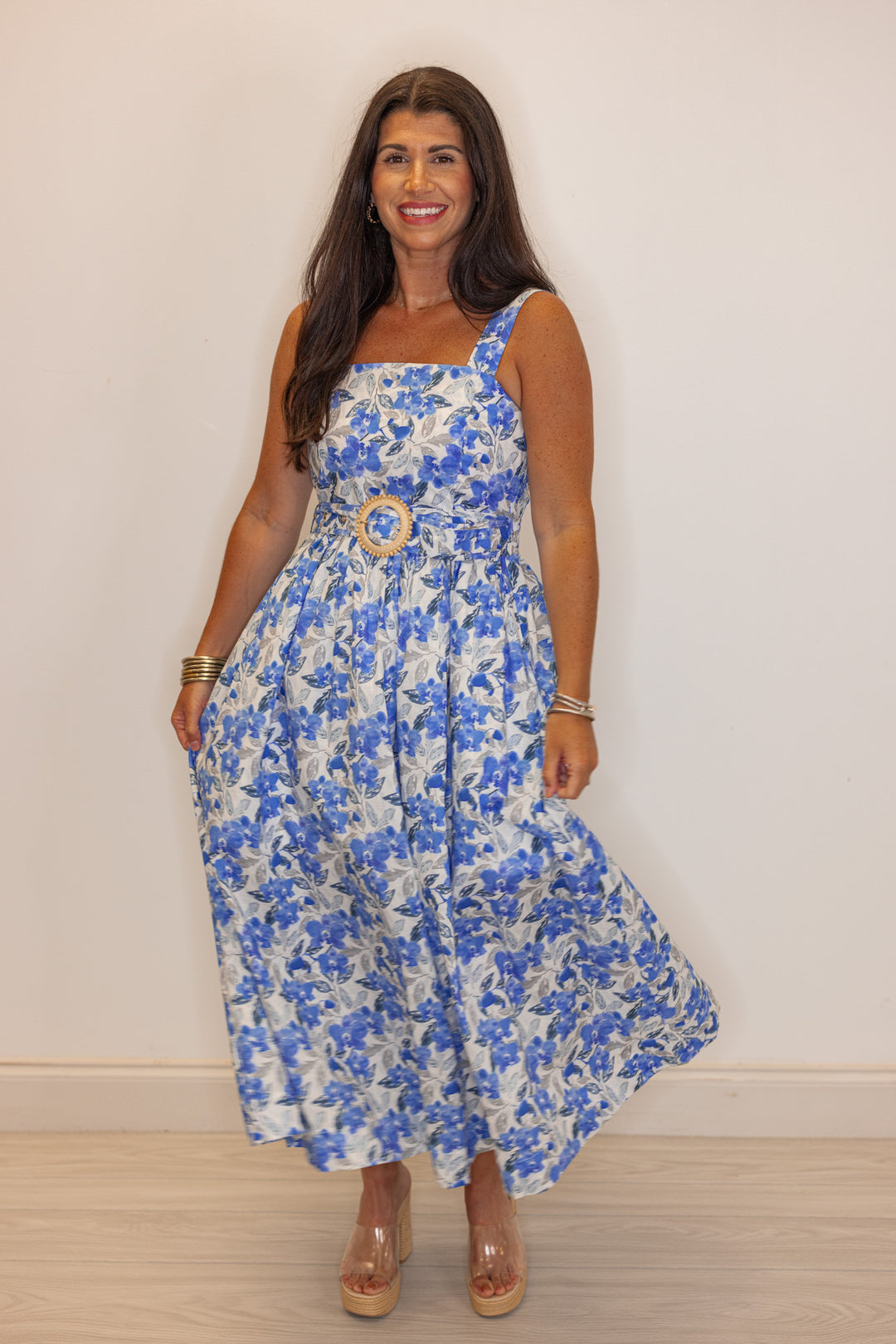 Blue Floral Midi Dress With Belted Waist | Purple Door | Commerce GA Medium Blue Floral Midi Dress With Belted Waist | Purple Door | Commerce GA Medium
