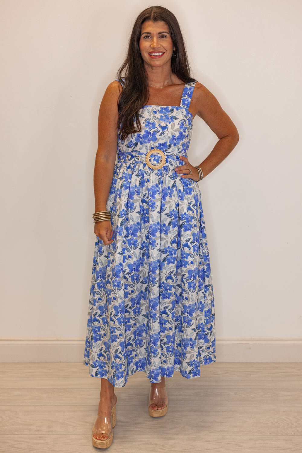 floral belted midi dress Ann Taylor Floral Belted Flare Midi Dress Size 4 White-Blue Women's
