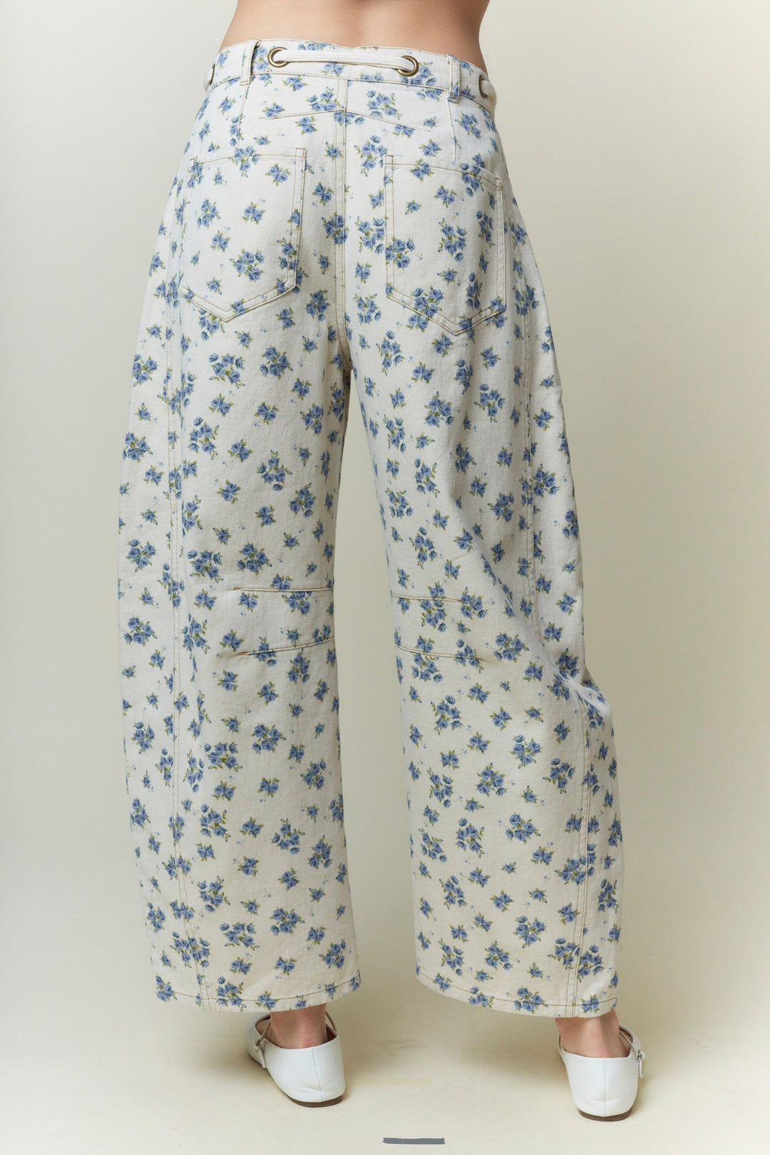 blue floral print barrel leg twill denim with pockets