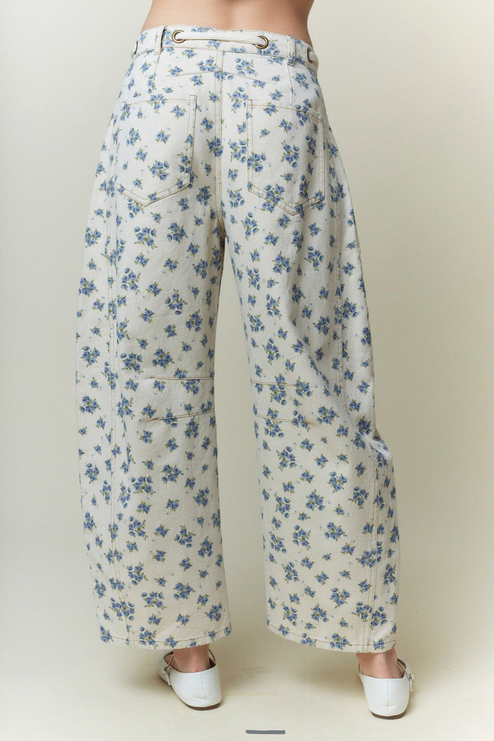 blue floral print barrel leg twill denim with pockets