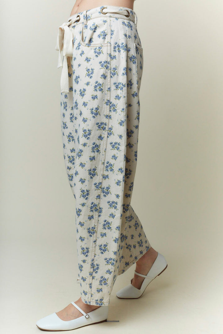 blue floral print barrel leg twill denim jeans