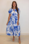 classic style blue white floral midi dress