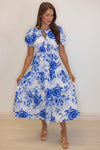 classic style blue white floral midi dress