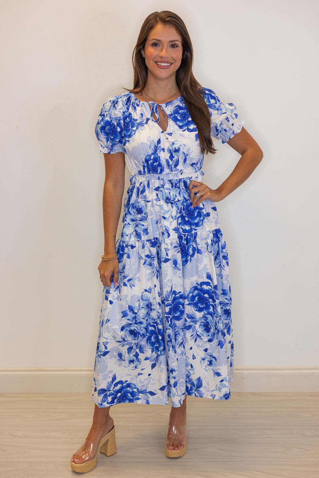 classic style blue white floral midi dress