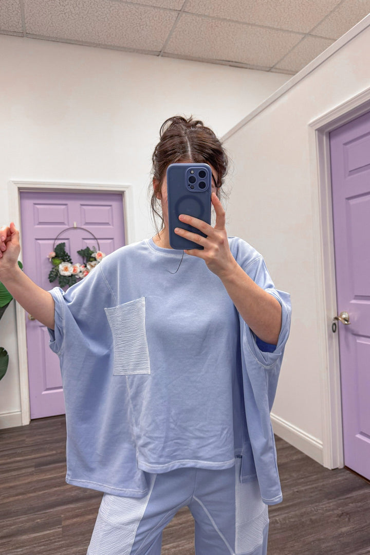 blue gingham oversized top lounge set 