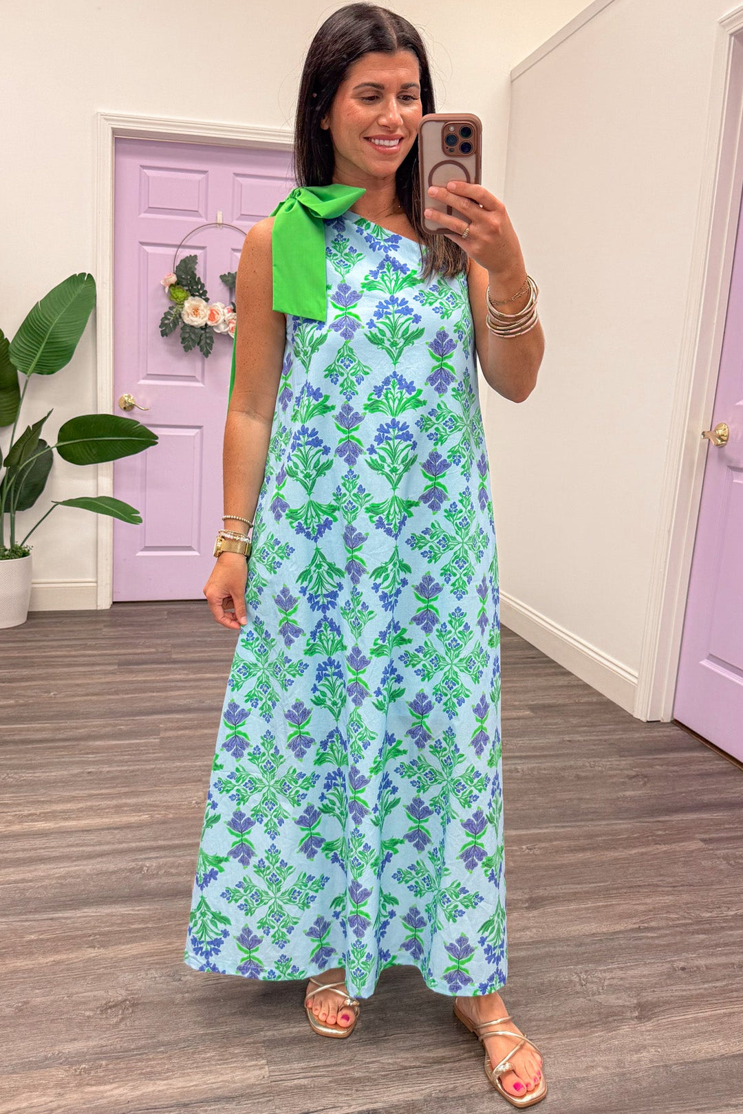 blue and green floral print bow tie one shoulder sleeveless maxi dress