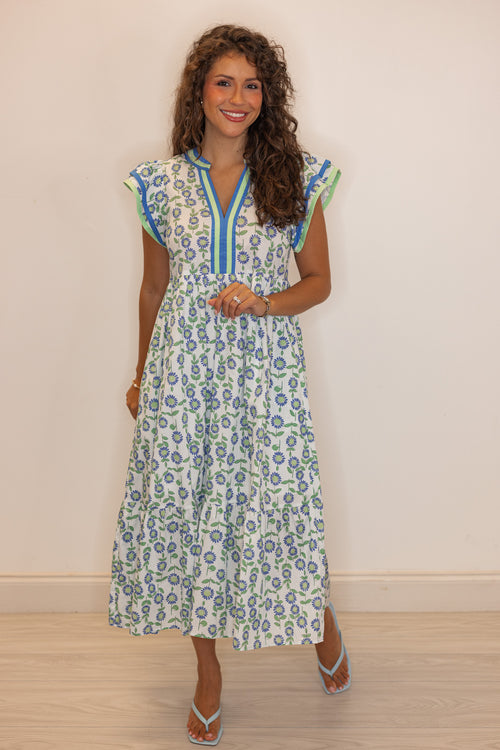 green floral cotton poplin midi dress