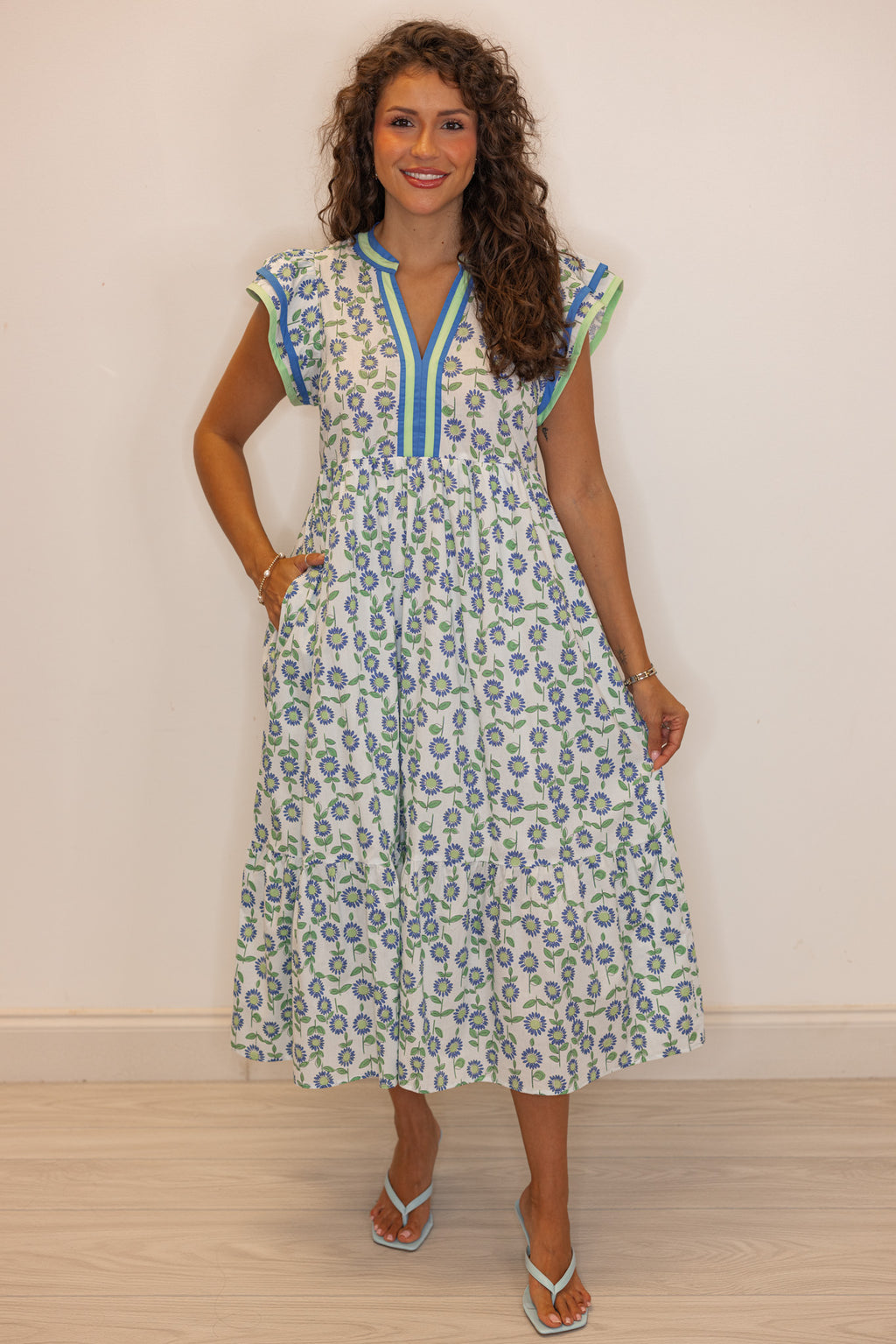 blue green floral cotton poplin midi dress