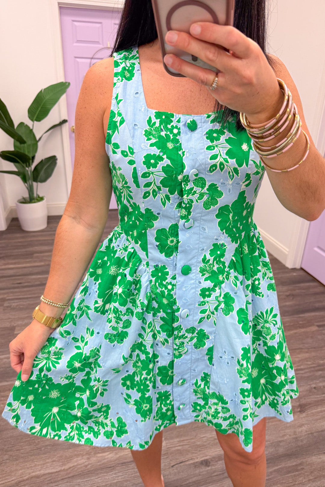 pale blue and green floral print button front square neckline mini dress