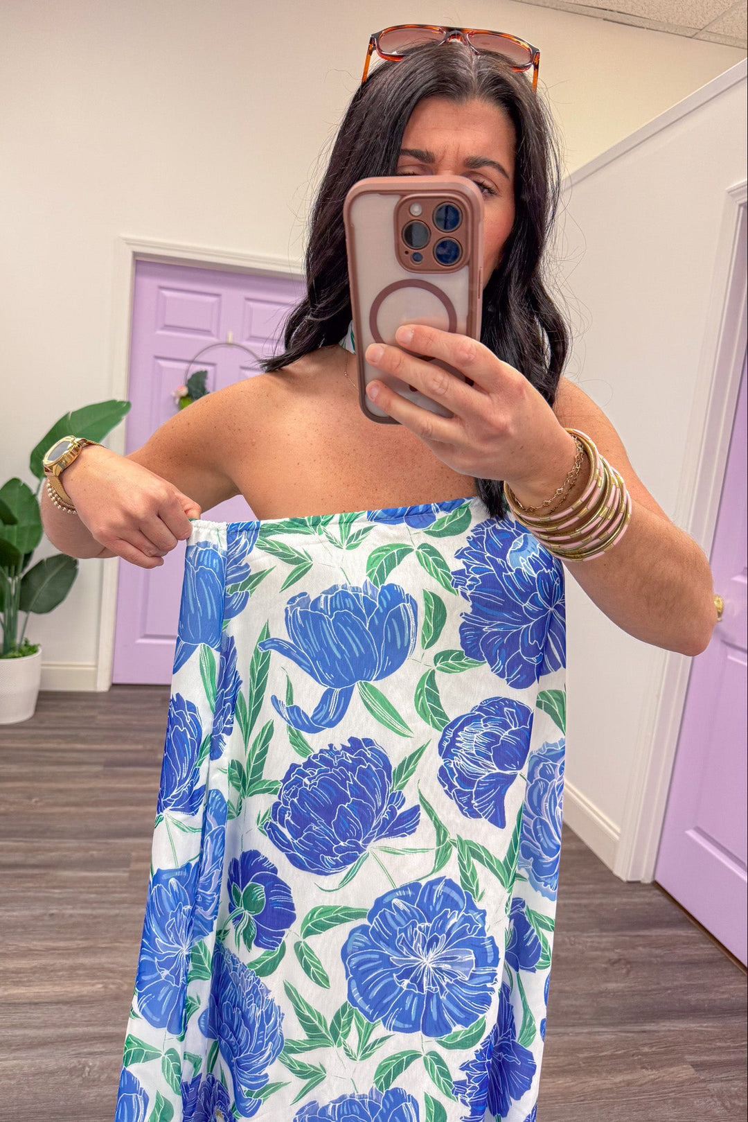 blue and green floral print strapless midi dress