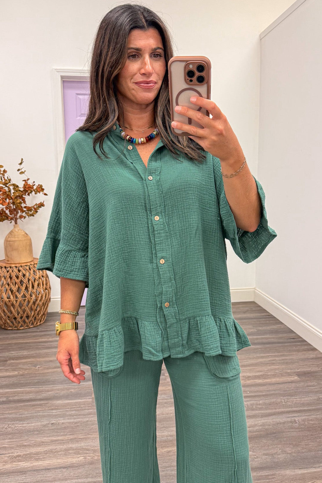 solid bluish green ruffle trim button down short sleeve cotton gauze top