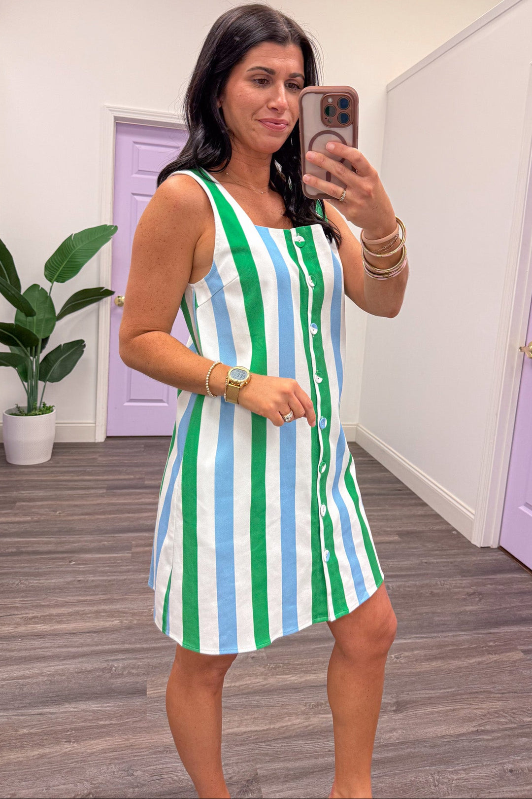 blue green and white striped button down square neckline mini dress