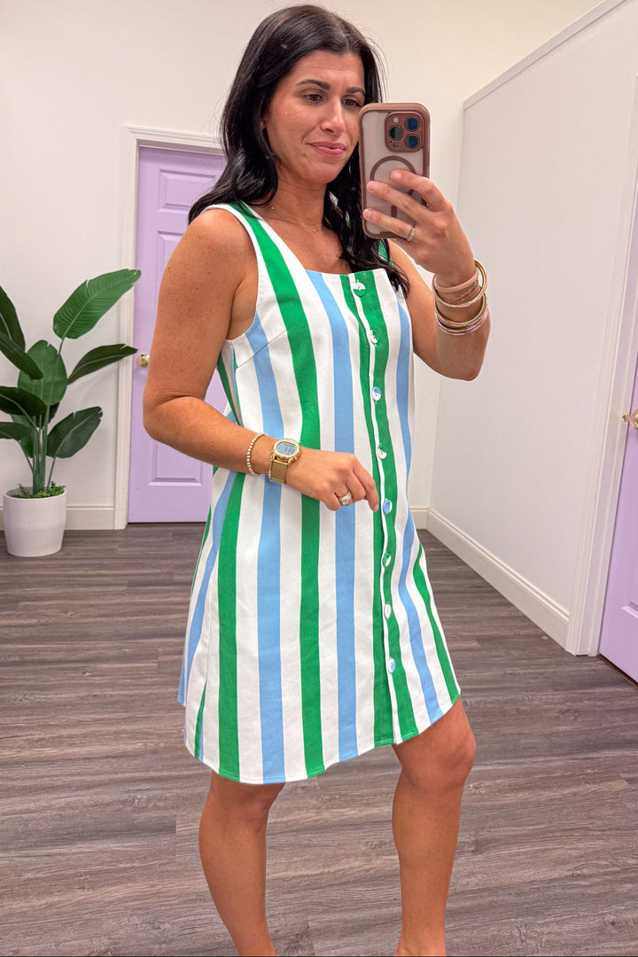 blue green and white striped button down square neckline mini dress