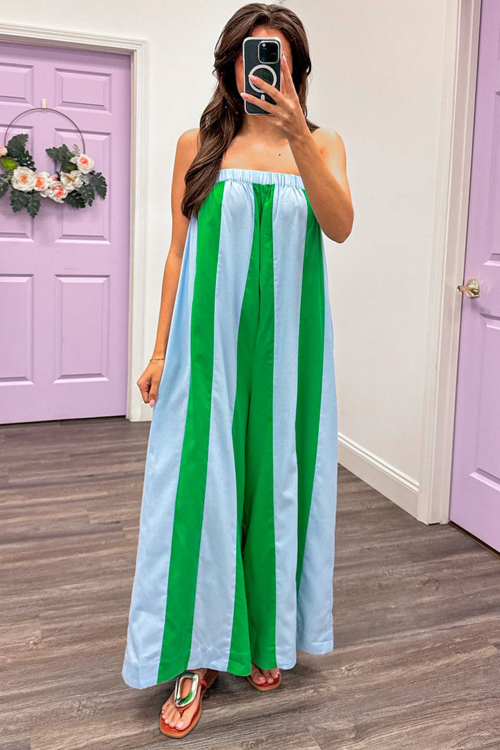 light blue and green vertical striped wide leg jumpsuit