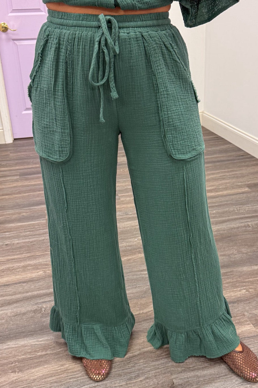 solid bluish green ruffled hem wide leg drawstring elastic waist cotton gauze pants