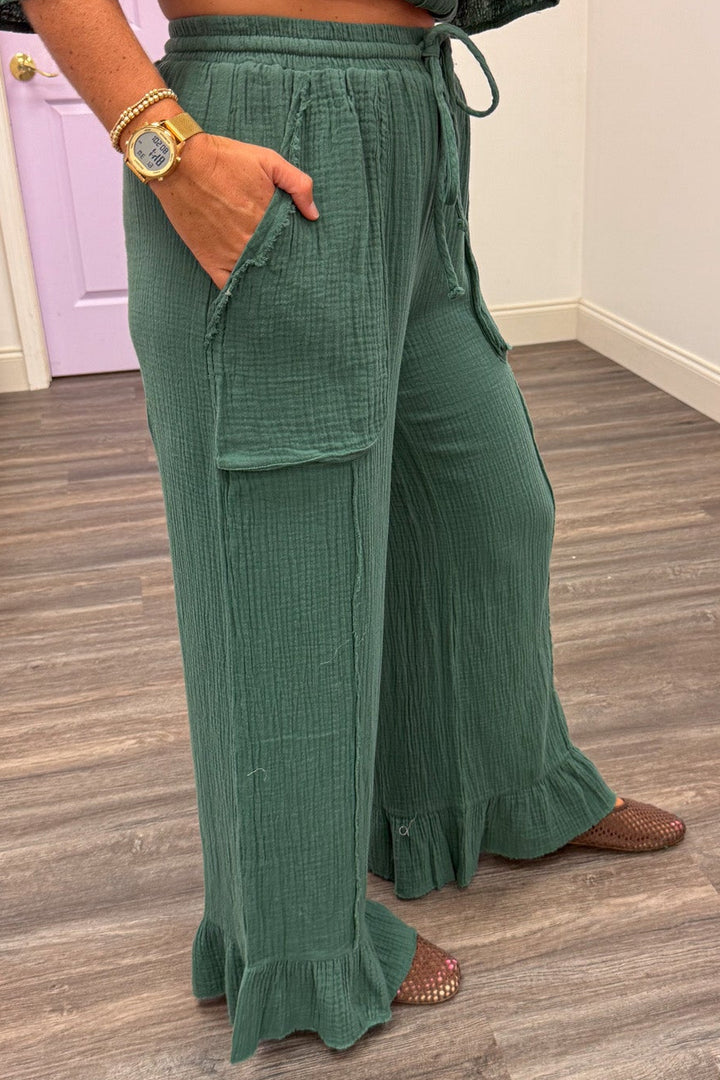 solid bluish green ruffled hem wide leg elastic waist cotton gauze pants with front patch pockets