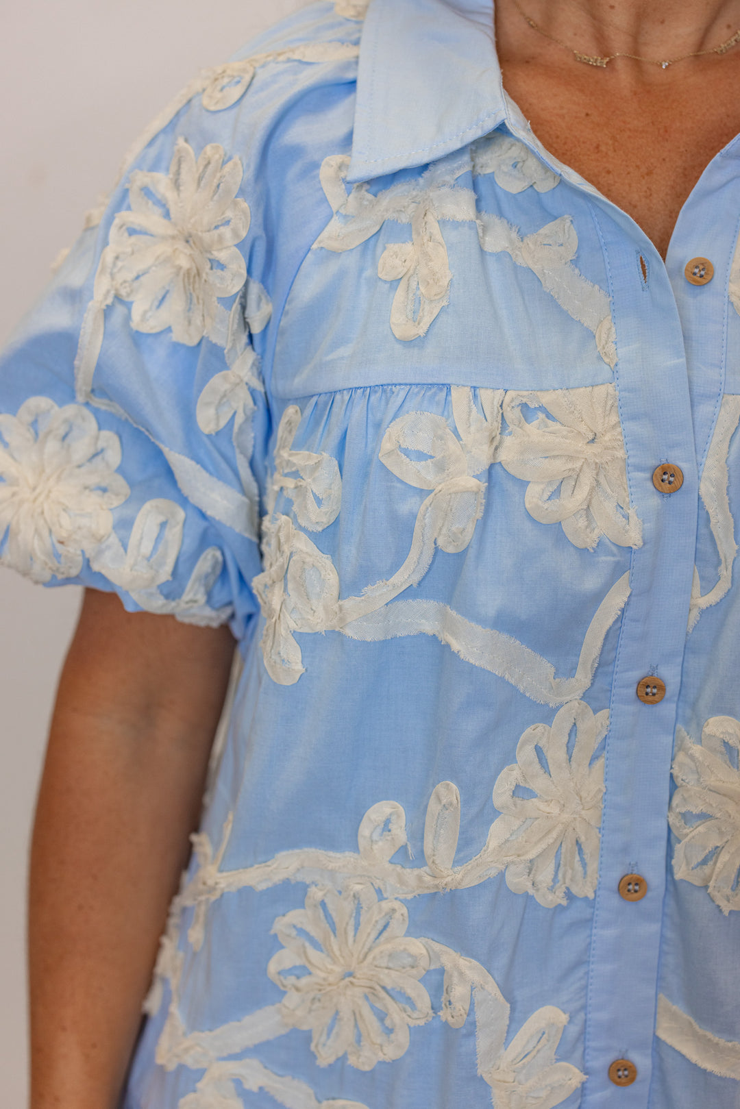 blue ivory floral applique babydoll dress